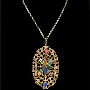 Vintage Czech Fruit Salad Glass Rhinestones Filigree Multi Color Necklace 31”
